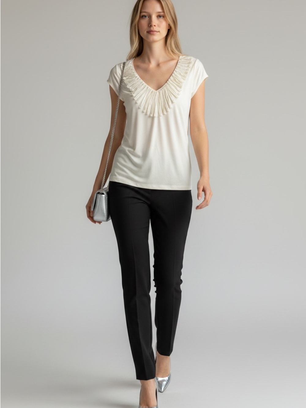 BCBGMaxAzria Ivory V-Neck Ruffle-Trim Blouse